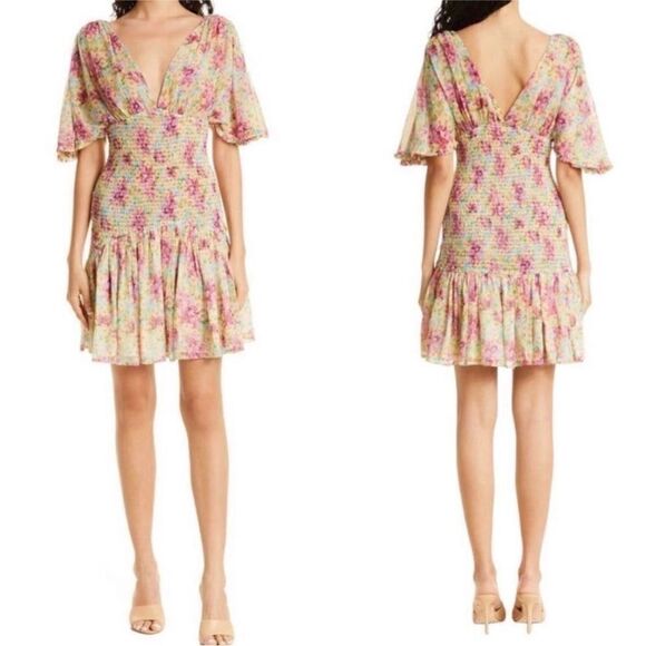 ByTiMo NWT Multicolor Floral Print Smocked Chiffon V-Neck Mini Dress Size S - Picture 1 of 4